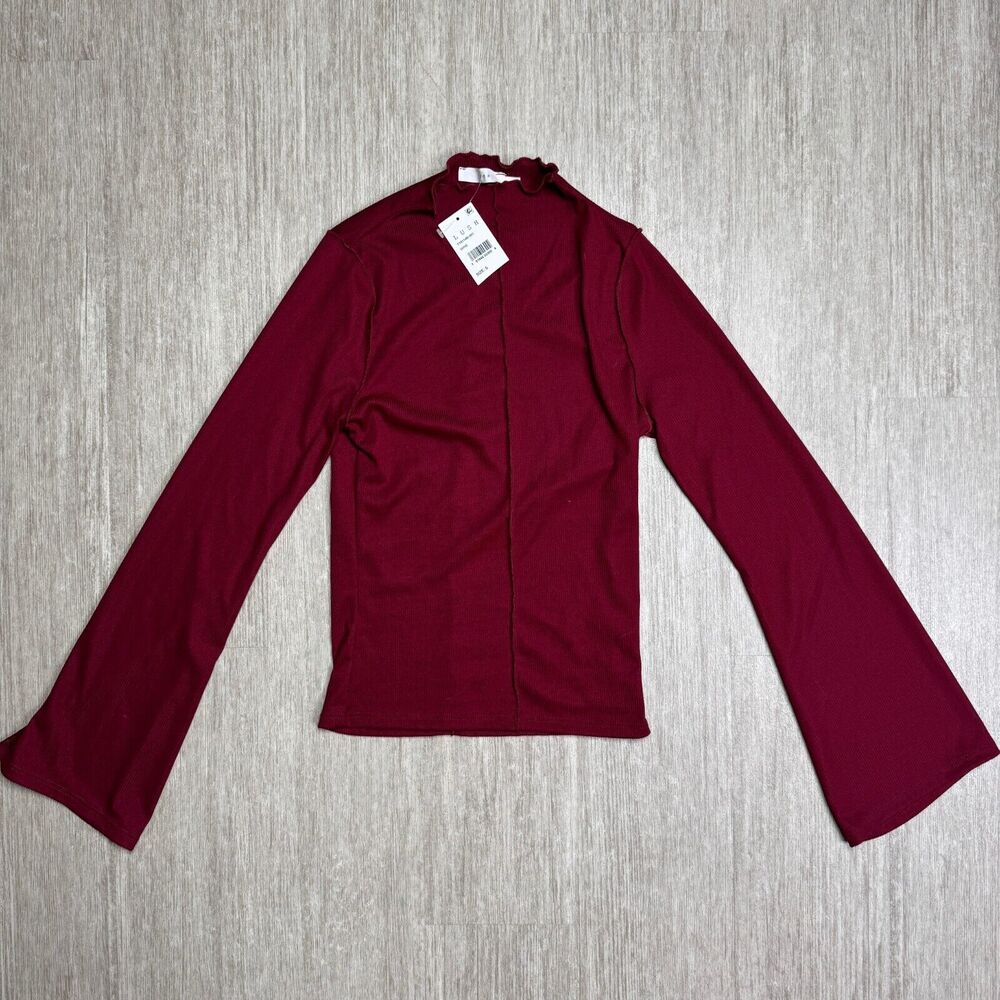 LUSH Women Top Long Sleeve Shirt Flare Sleeves NEW Size S Wine Red Ribbed Ruffle